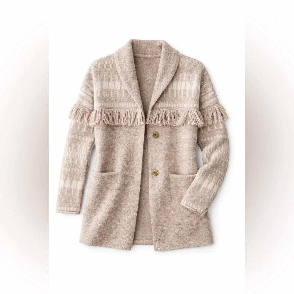 #29 🌷Heartloom Fringe Knit Jacket Cardigan Neutral Boho Size M NWT - Picture 2 of 4